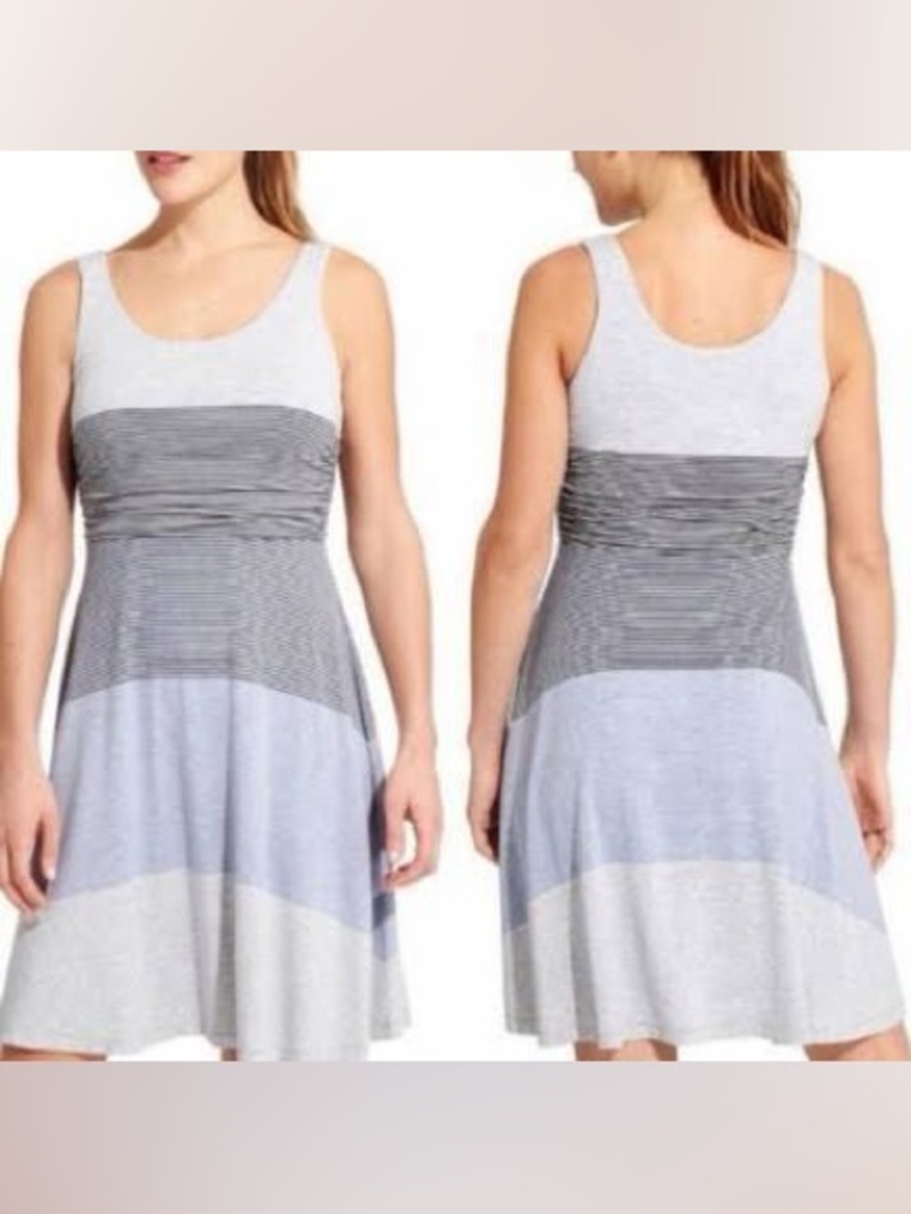 ATHLETA Santa Maria Grey Striped Fit And Flare Sleeveless Dress. Size Large